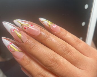 Boho Chic Press-On Nails | Floral & Abstract Designs with 3D Accents | Long Almond Shape | Trendy Custom Set