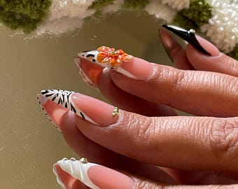 Boho Chic Press-On Nails | Floral & Abstract Designs with 3D Accents | Long Stiletto Shape | Trendy Custom Set