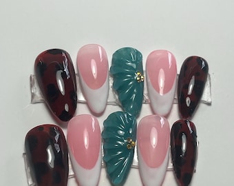 Boho Chic Hand Painted Press-On Nails |  Abstract Designs with 3D Accents | Medium Almond Shape