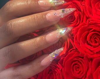 Presse glam peinte à la main sur les ongles | Forme aiguille longue | Ongles d'anniversaire | ElevatedBeauty.AZ