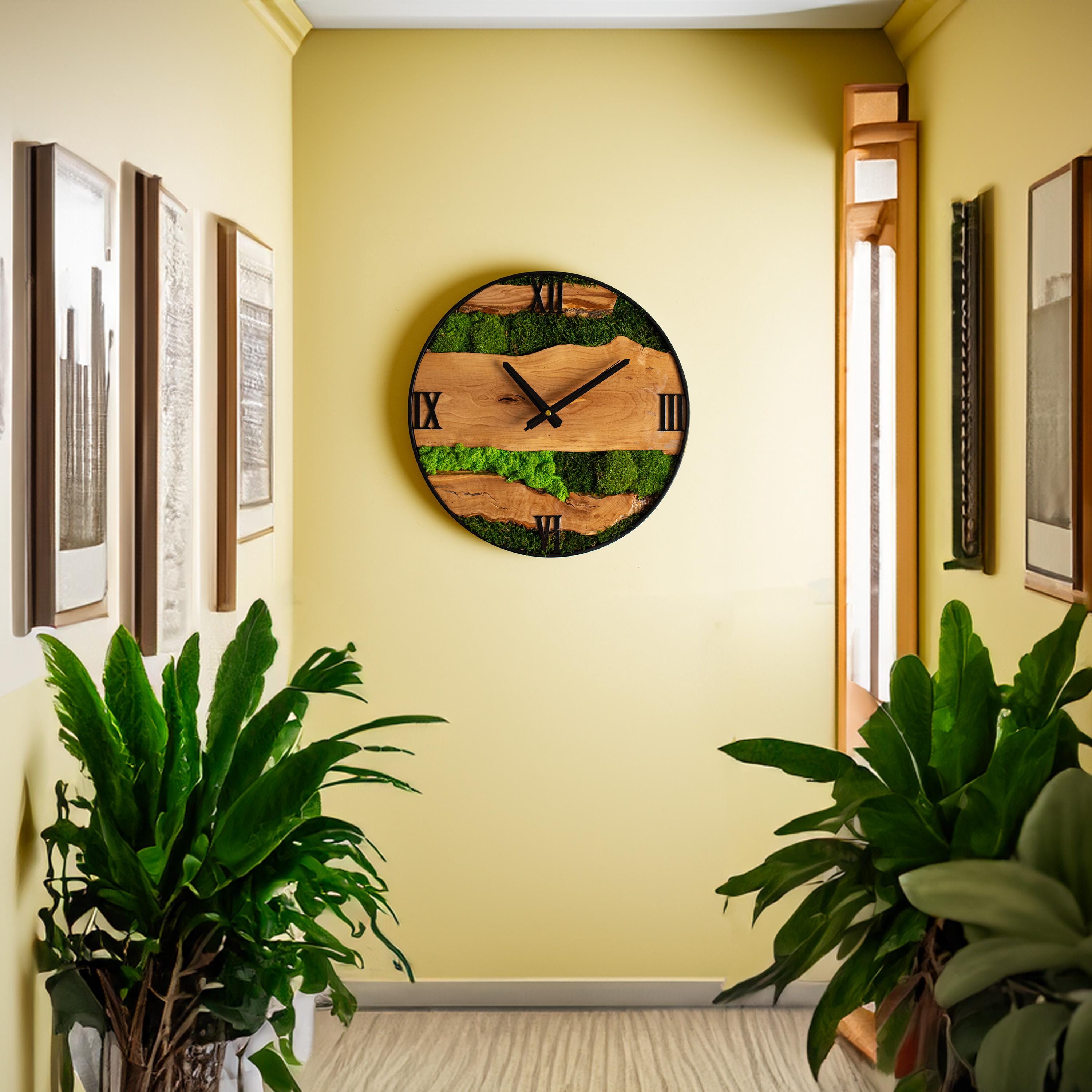 Custom Moss Olive Wood Wall Clock, Moss Clock With Metal Frame ...