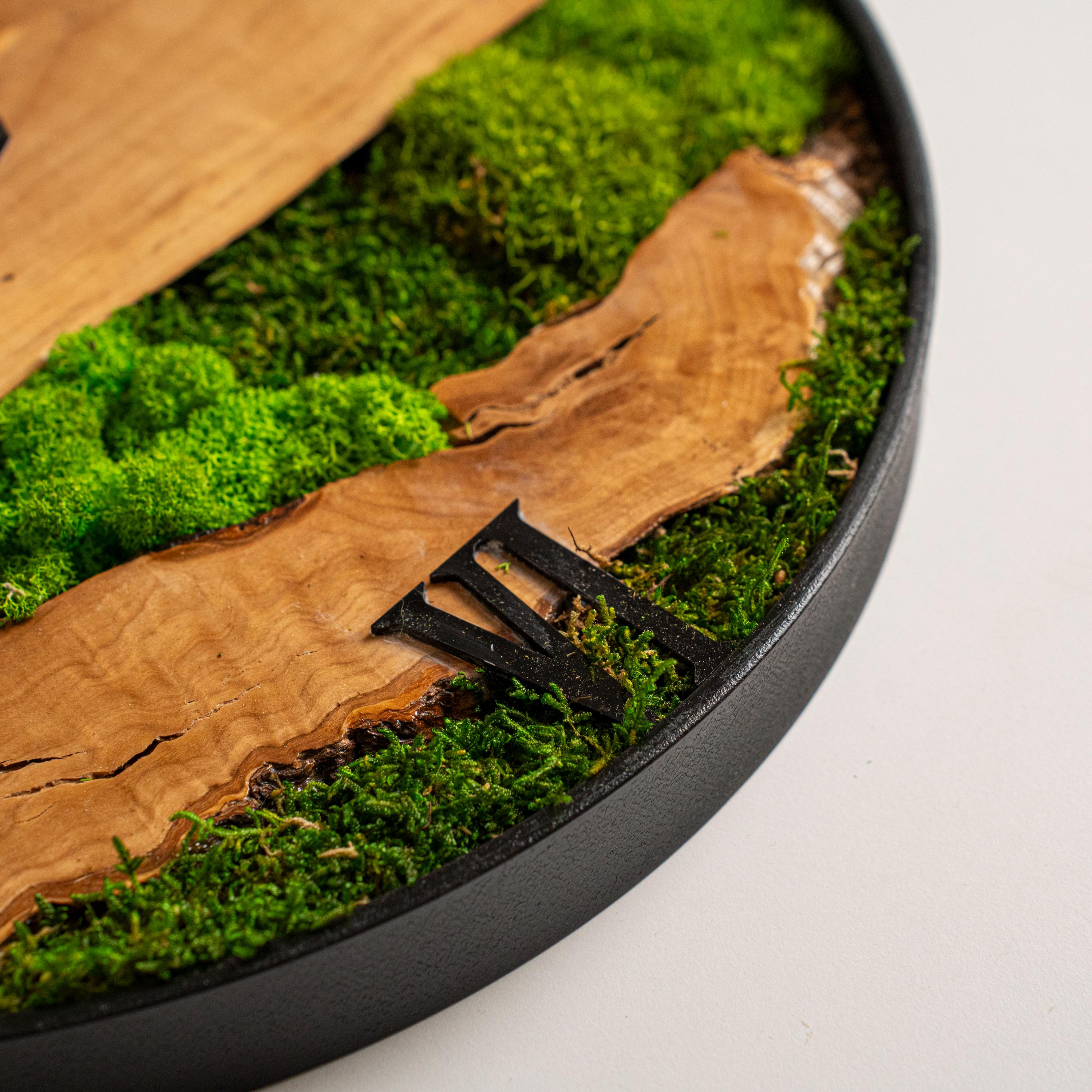 Custom Moss Olive Wood Wall Clock, Moss Clock With Metal Frame ...