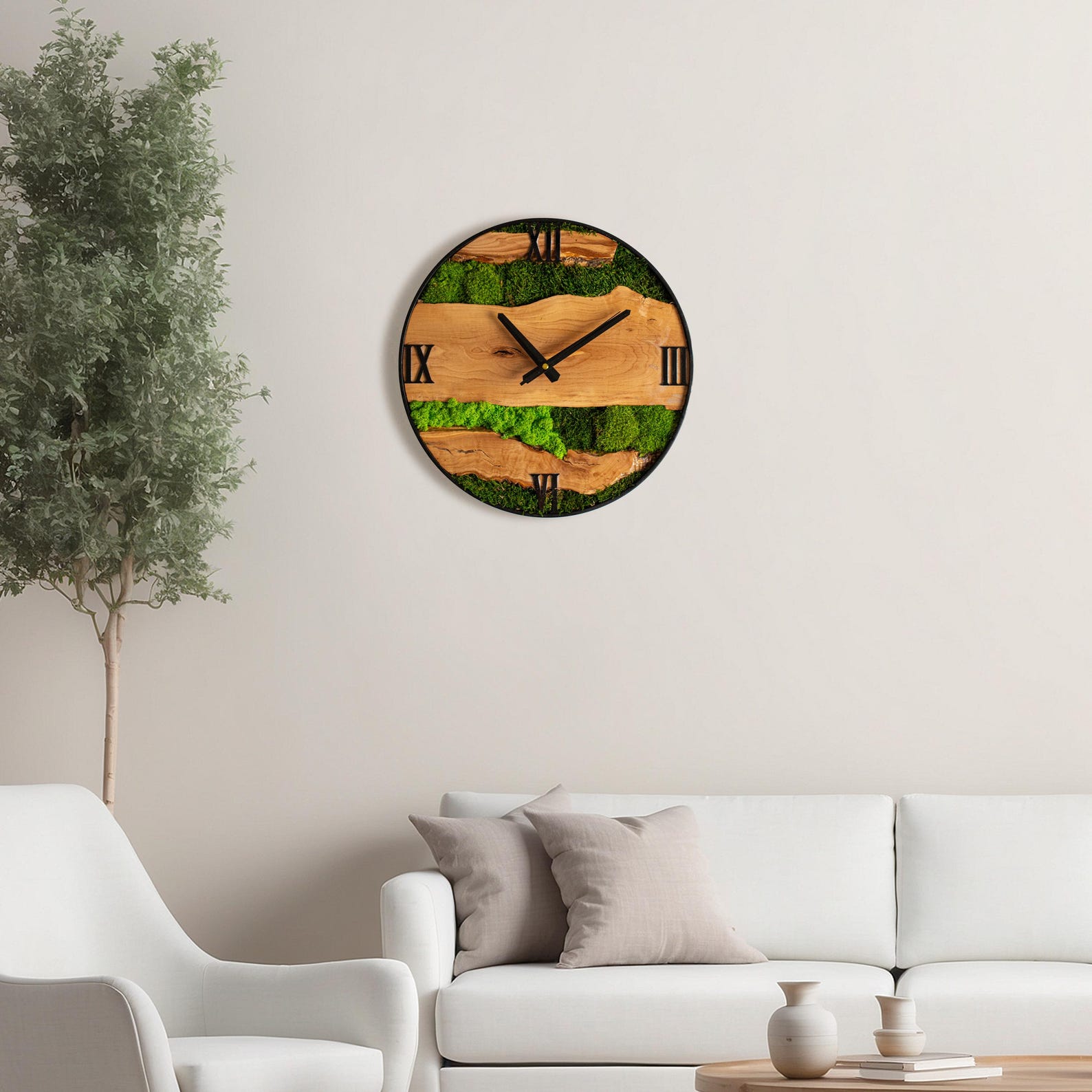 Custom Moss Olive Wood Wall Clock, Moss Clock With Metal Frame ...