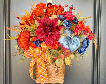 Fall Floral Hanging Basket, Front Door Decor, Pumpkin Basket, Autumn Door Hanger, Fall Porch Decoration, Rustic Fall Decor
