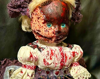 Custom Horror Doll with Blood-Splattered Face and Vintage Dress