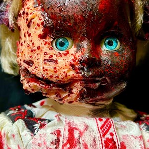 Custom Horror Doll with Blood-Splattered Face and Vintage Dress