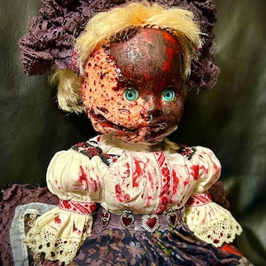 Custom Horror Doll with Blood-Splattered Face and Vintage Dress