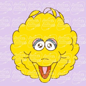 May include: A yellow cartoon character with large eyes, a wide open beak, and a fluffy body. The character has pink and blue accents around the eyes and mouth. The background is a light purple color with the words "Sugar Cutters" repeated.
