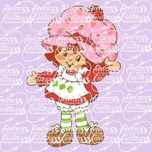 May include: A cartoon illustration of Strawberry Shortcake, a character with red hair, wearing a pink strawberry hat, a red and white dress, and green and white striped stockings. She is smiling and holding her hat with one hand.