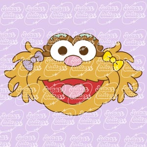 May include: A cartoon illustration of a character's face with a large smile and heart-shaped mouth. The character has brown eyes, a pink nose, and light brown fur with two yellow and purple bows. The background is light purple with the words "Sugar Cutter" repeated.