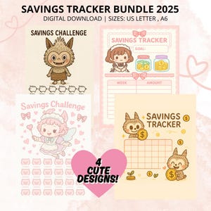 Planificador de ahorros kawaii, paquete imprimible y descargable, tamaño A6 y carta (EE. UU.)