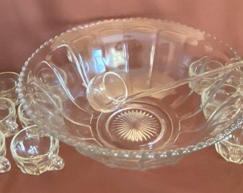 Vintage 15-Inch Glass Punch Bowl Set with Ladle and 23 Serving Cups – Elegant Entertaining Made Easy