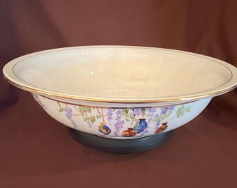Antique L.G. Falcon Ware England 15.5” Bowl – Hand-Painted Floral & Gold Accents