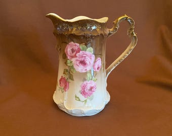 Antique C.T. Carl Tielsch Altwasser Germany Porcelain Pitcher – 7.5" – Brown, Cream, Roses, & Gold Accents