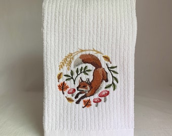 Embroidered Red Fox Towel: Forest Animal Kitchen Decor