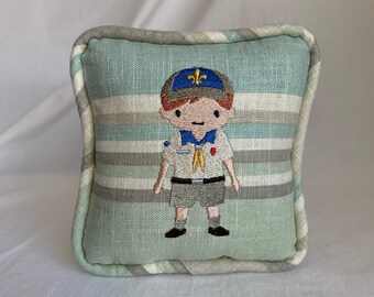 Embroidered Boy Scout Pillow – Handmade Mini Scout Gift (6” x 6”)