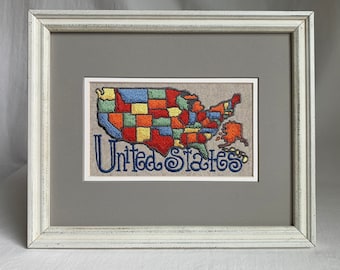 Embroidered Art - United States - 50 States - Patriotic Gift - USA Lover's Gift - U.S.A. - United States of America - Framed Artwork