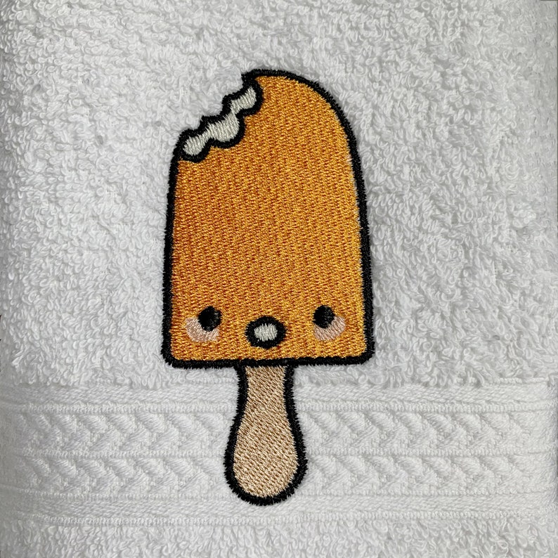 May include: A yellow popsicle with a bite taken out of it. The popsicle has a cute cartoon face with closed eyes and a surprised expression. The popsicle is on a white background.