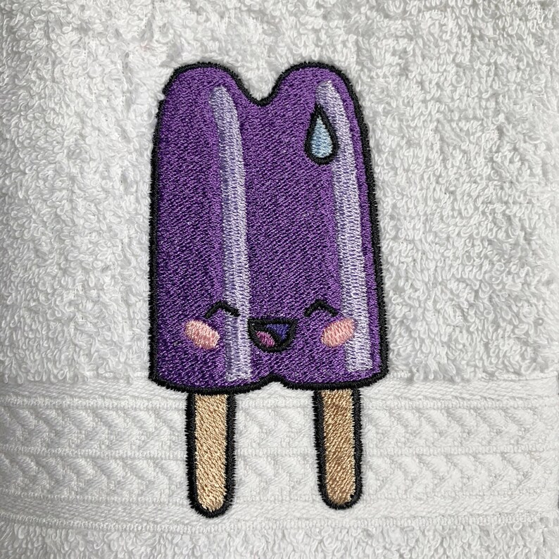 May include: A purple popsicle with a happy face and a single white teardrop on the top. The popsicle has two white stripes and is on a white background.