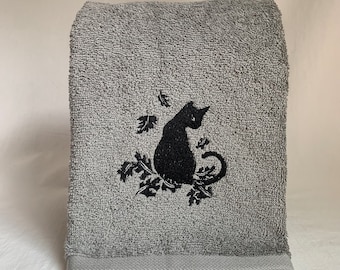 Black Cat Towel - Embroidered Towel - Black Cat Sitting - Autumn Leaves - Black Cat Lovers - Autumn Lover's Gift - Fall Leaves - Home Decor