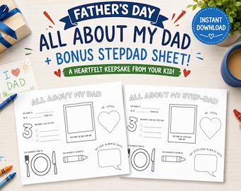 All About My Dad Printable, Fathers Day Fill In Activity Page From Kids, Step Dad Version Included, Last Minute Gift, Instant Download