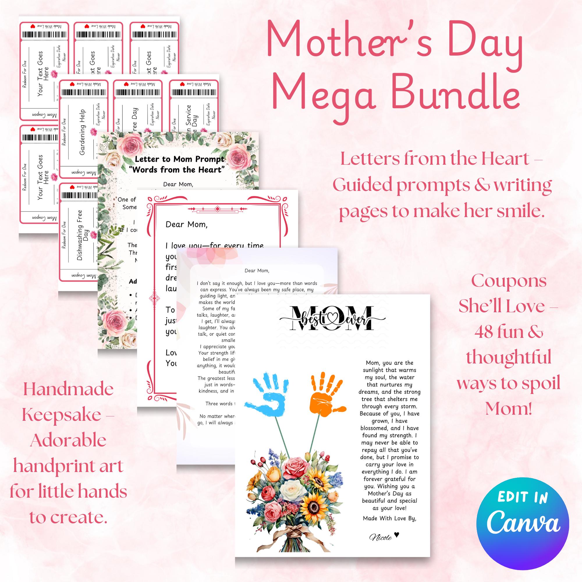 Mother’s Day Printable Gift Bundle Editable Letters Coupon Book DIY Mothers Day Craft for Kids Instant Download Customisable Gift