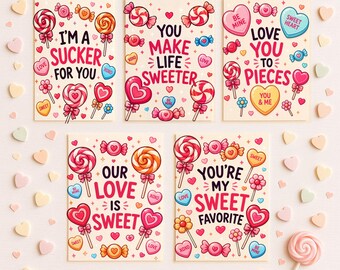 Valentine's Day Card Bundle Printable, Set of 5 Candy Love Cards, Romantic Card for Him Her, Sweet Valentine Cards, 5x7 Instant Download PDF
