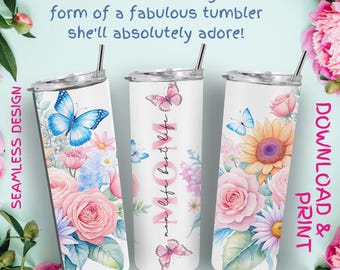 Mother’s Day 20oz Skinny Tumbler Wrap | ‘Best Mom Ever’ Floral PNG | Straight & Tapered Sublimation Digital Download