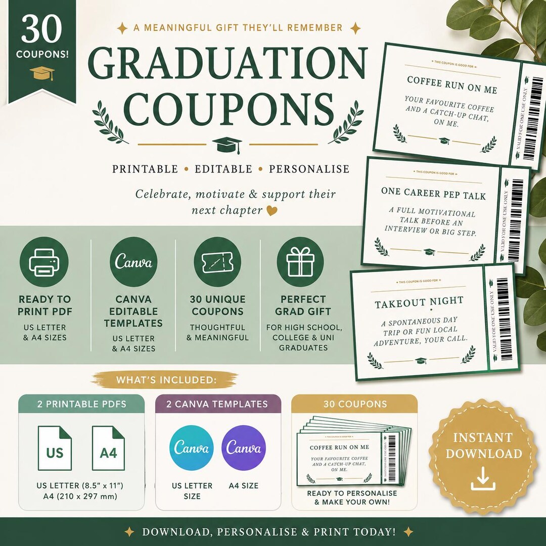 Graduation Coupon Book Printable, Editable Last Minute Grad Gift, Class ...