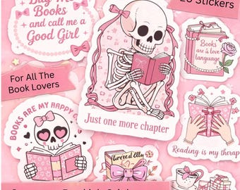 Bookish Stickers Printable, Reading Aesthetic Stickers, Book Lover Stickers, Pink Coquette Stickers, Kindle Stickers
