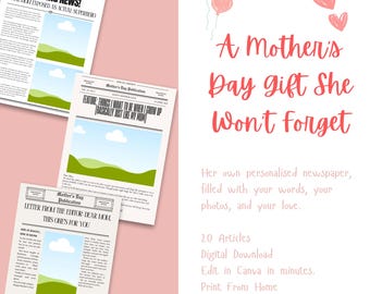 Mother’s Day Newspaper Template, Letter to Mum, Printable Gift for Mom, Bouquet Wrap, Editable Mothers Day Newspaper