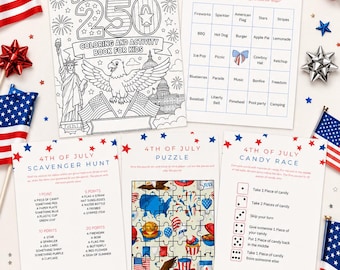 4th of July Kids Activity Bundle Printable, America 250 Celebration, Editable Canva Template, Kids Coloring Pages, Instant Download