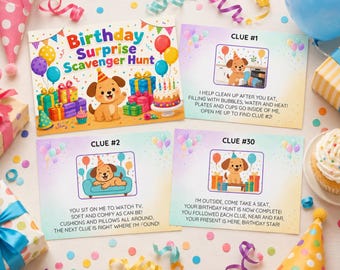 Birthday Scavenger Hunt Printable for Kids, Birthday Party Game Template, Indoor Outdoor Clue Cards, Editable Instant Download PDF