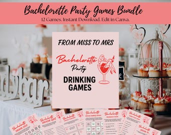 Printbare spelletjes voor een vrijgezellenfeest, bundel met 12 spelletjes voor een vrijgezellenfeest, activiteiten voor een vrijgezellenfeest voor vrouwen, bewerkbare Canva-sjabloon, direct te downloaden als PDF
