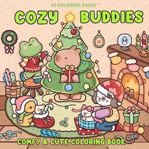 以下が含まれることがあります： クリスマスをテーマにした「Cozy Buddies」塗り絵本の表紙。イラストには、飾り付けられたクリスマスツリー、カエル、クマ、犬が描かれており、すべてお祝いの衣装を着ています。「Comfy & Cute Coloring Book」というテキストも表示されています。