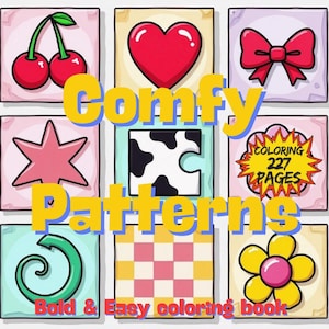Puede incluir: Ilustración colorida de una portada de libro para colorear. La portada presenta varias imágenes de dibujos animados, incluyendo cerezas, un corazón, un lazo, una estrella, un patrón de vaca, un remolino, un tablero de ajedrez y una flor. El texto dice "Comfy Patterns" y "Bold & Easy coloring book".