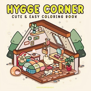 Puede incluir: Ilustración de la portada de un libro para colorear con el texto "HYGGE CORNER" y "CUTE & EASY COLORING BOOK". La imagen representa un interior de habitación acogedor de estilo caricatura con una cama, un escritorio y un gato jugando con hilo.