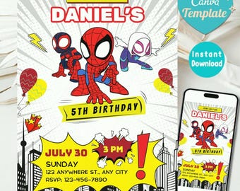 Bewerkbare aquarel uitnodiging voor verjaardagsfeestje Spidey en zijn geweldige vrienden | Sjabloon superheld afdrukbaar | Uitnodiging voor kinderen | Direct downloaden