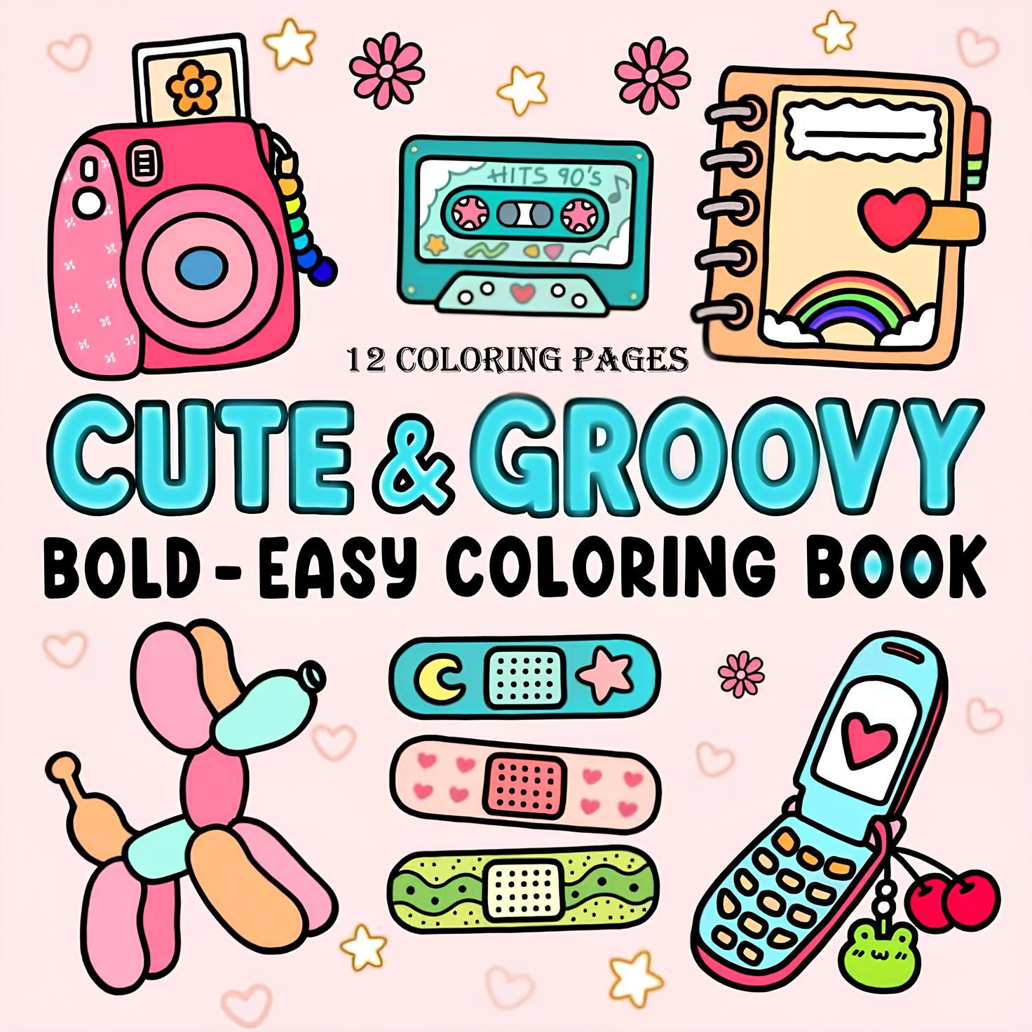 Cute & Groovy Entspannungs-Malbuch von Coco Wyo – Sofortiger digitaler PDF-Download, 12 Graustufen-Seiten