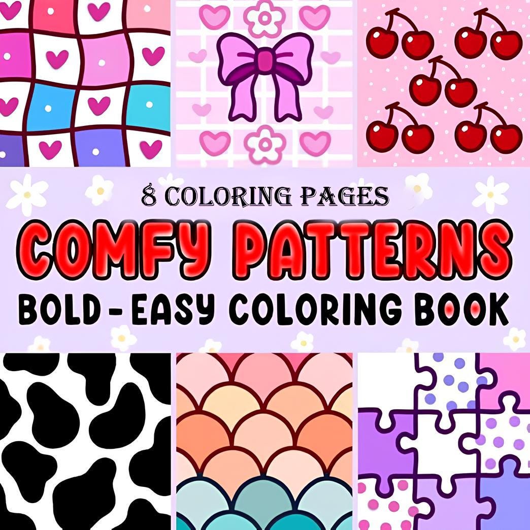 Comfy Patterns: Libro de colorear de relajación adorable de Coco Wyo – PDF digital instantáneo, 8 páginas en escala de grises para aliviar el estrés