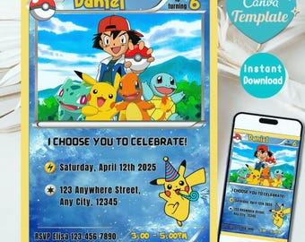Tarjeta de cumpleaños de Pokémon, estilo caricatura rojo y amarillo, invitación editable de Canva para fiesta infantil, temática de Pikachu, archivo digital instantáneo.