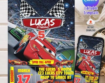 Invitación de cumpleaños de Cars, invitación de cumpleaños, invitación de Rayo McQueen, invitación de cumpleaños infantil, plantilla editable de Canva