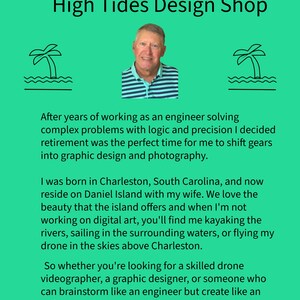 May include: A teal graphic with the text "Rich Stacy High Tides Design Shop" and a photo of a man. The text below describes his background in engineering and his transition to graphic design and photography.
