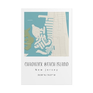 May include: A map print of Chadwick Beach Island, New Jersey, featuring a teal and beige color scheme. The map includes the island's layout, surrounding water, and text that reads "Chadwick Beach Island, New Jersey, 39.99° N / 74.07° W."