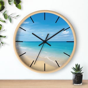 Beach Scene Wooden Wall Clock: Coastal Home Decor (10" x 10")