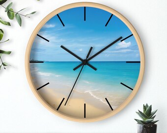 Beach Scene Wooden Wall Clock: Coastal Home Decor (10" x 10")
