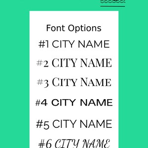 May include: A teal background with a white rectangle containing text. The text reads "High Tides Designs" at the top, followed by "Font Options" and six numbered lines with "CITY NAME" in various fonts. A palm tree graphic is in the top right.