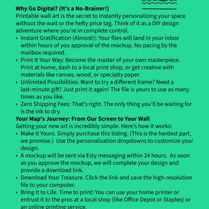 May include: A teal graphic featuring "High Tides Designs" and a palm tree icon. The text explains printable wall art, highlighting instant delivery, customisation options, and no shipping costs. It outlines the steps from purchase to printing your artwork.