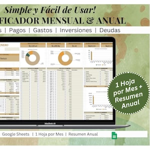 Może przedstawiać: Laptop z wyświetlonym arkuszem kalkulacyjnym Google Sheets z miesięcznym planem budżetu. Arkusz kalkulacyjny nosi tytuł "ENERO" i zawiera sekcje dla dochodów, wydatków, inwestycji i długów. Arkusz kalkulacyjny zawiera również wykresy i diagramy do wizualizacji danych. Tekst na ekranie brzmi "Simple y Fácil de Usar! PLANIFICADOR MENSUAL & ANUAL Ingresos | Pagos | Gastos | Inversiones | Deudas". Tekst pod laptopem brzmi "Google Sheets | 1 Hoja por Mes | Resumen Anual".