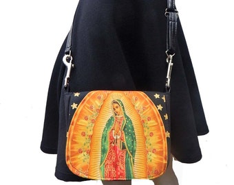 USA Handmade Fanny Pack Style With " Virgin Mary"  Pattern Shoulder Bag Handbag Purse, Black ,  2 STYLES IN 1 , Cotton, New